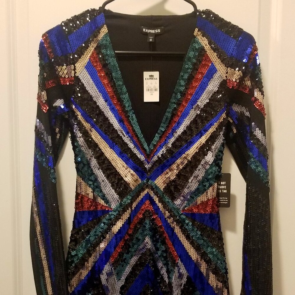 Express Black Multicolor Sequin Mini Dress Long Sleeve XS NWT